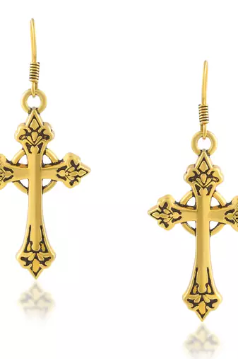 dzine trendz brass dangler earrings - antique gold-plated, crucifix design, 3.5 cm