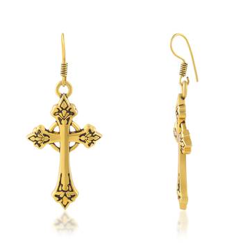 dzine trendz brass dangler earrings - antique gold-plated, crucifix design, 3.5 cm 3