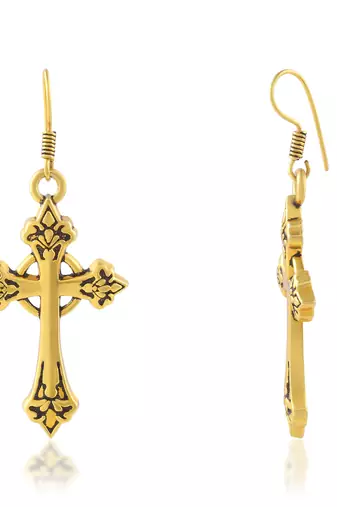 dzine trendz brass dangler earrings - antique gold-plated, crucifix design, 3.5 cm