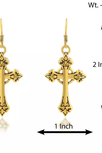dzine trendz brass dangler earrings - antique gold-plated, crucifix design, 3.5 cm