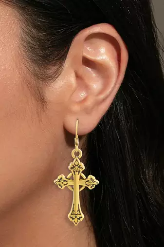 dzine trendz brass dangler earrings - antique gold-plated, crucifix design, 3.5 cm