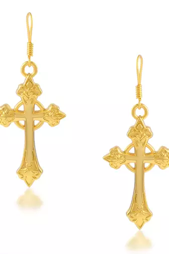 dzine trendz 24kt gold-plated brass crucifix dangler earrings - classic 3 cm design