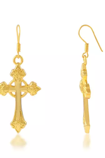 dzine trendz 24kt gold-plated brass crucifix dangler earrings - classic 3 cm design
