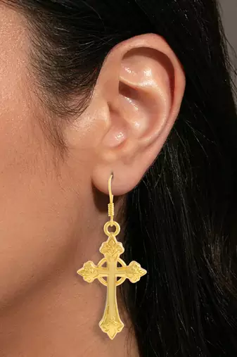dzine trendz 24kt gold-plated brass crucifix dangler earrings - classic 3 cm design