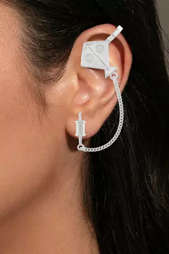 Brass antique silver plated kite shape patang charkhi earrings for women
