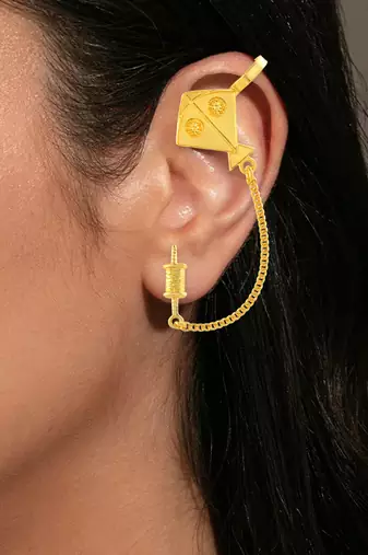 Brass micron gold plated kite shape patang charkhi earrings for women
