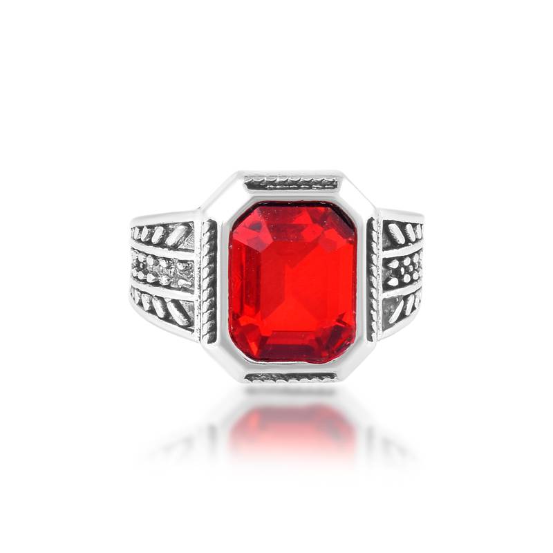 Brass antique silver plated imitation ruby finger Adjustable ring for men