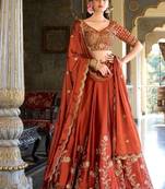 Orange Silk Thread Embroidery Work Lehenga Choli 