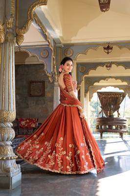 Orange Silk Thread Embroidery Work Lehenga Choli  4