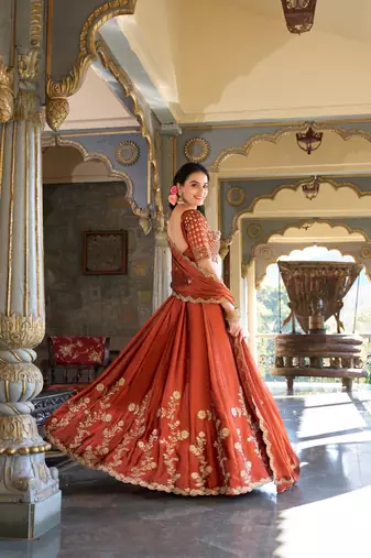Orange Silk Thread Embroidery Work Lehenga Choli 