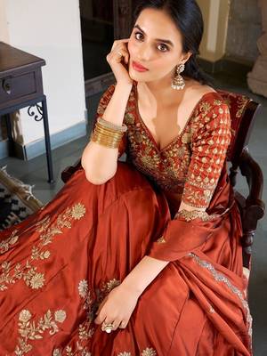Orange Silk Thread Embroidery Work Lehenga Choli  5