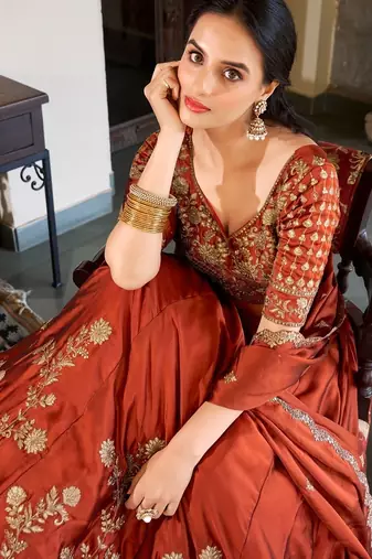 Orange Silk Thread Embroidery Work Lehenga Choli 