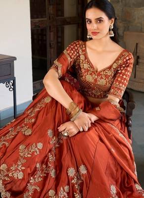 Orange Silk Thread Embroidery Work Lehenga Choli  6