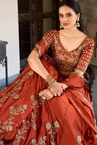 Orange Silk Thread Embroidery Work Lehenga Choli 