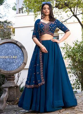 Teal Blue Georgette plain Lehenga With Thread Embroidery Work Blouse and dupatta 1