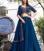 Teal Blue Georgette plain Lehenga With Thread Embroidery Work Blouse and dupatta