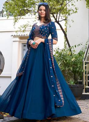 Teal Blue Georgette plain Lehenga With Thread Embroidery Work Blouse and dupatta 2