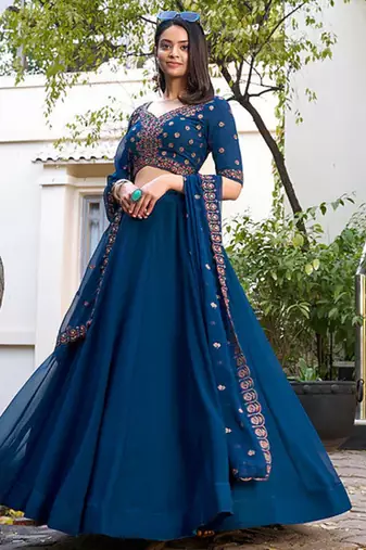 Teal Blue Georgette plain Lehenga With Thread Embroidery Work Blouse and dupatta