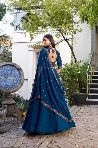 Teal Blue Georgette plain Lehenga With Thread Embroidery Work Blouse and dupatta