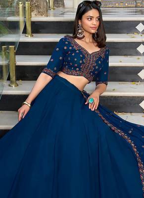 Teal Blue Georgette plain Lehenga With Thread Embroidery Work Blouse and dupatta 4