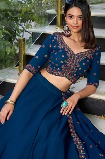 Teal Blue Georgette plain Lehenga With Thread Embroidery Work Blouse and dupatta