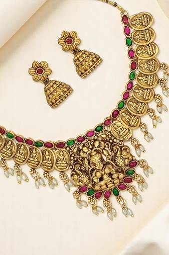 Gold plated stone studded coin temple necklace set