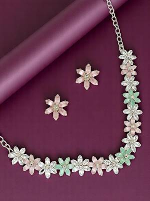 Silver plated ad studded flower design necklace set 1