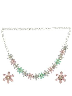 Silver plated ad studded flower design necklace set 2