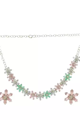 Silver plated ad studded flower design necklace set