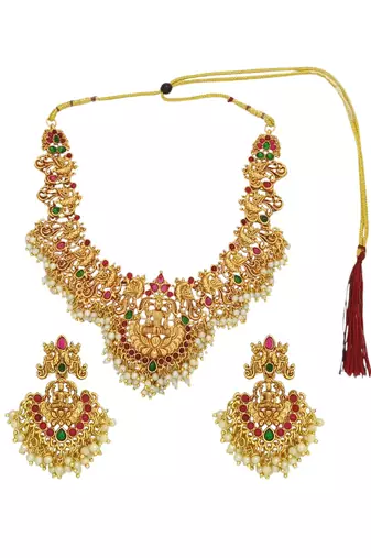 Gold plated peacock temple design necklace set