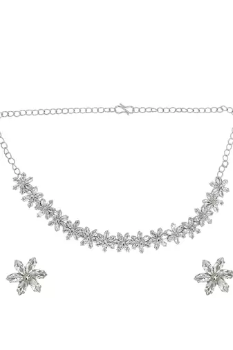 Silver plated  cz floral design necklace set