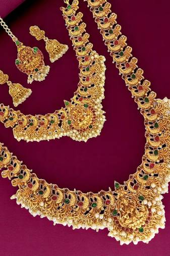 Gold plated temple peacock design combo jewellery set