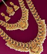 Gold plated temple peacock design combo jewellery set