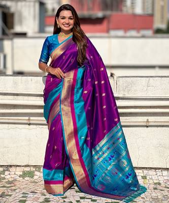 Voilet gold zari woven paithani silk blend saree 1