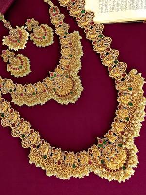Gold plated temple dancing peacock south indian combo jewellery set 1