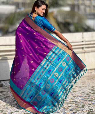 Voilet gold zari woven paithani silk blend saree 2