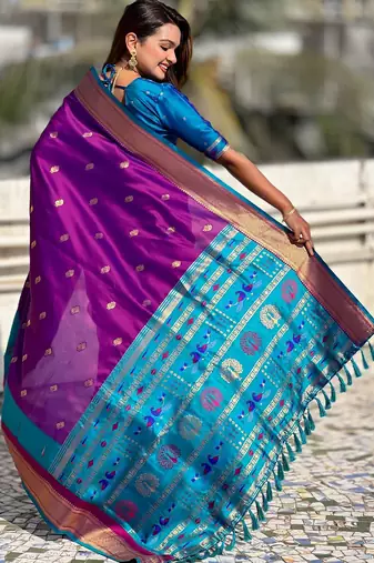 Voilet gold zari woven paithani silk blend saree