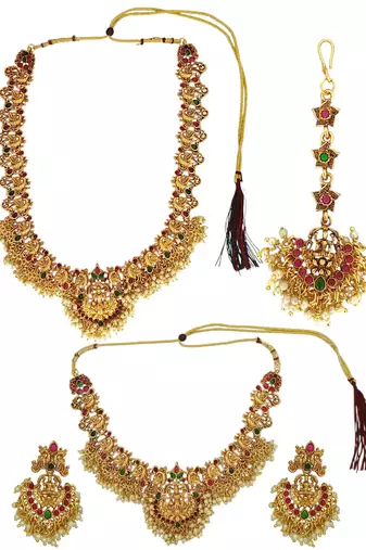Gold plated temple dancing peacock south indian combo jewellery set