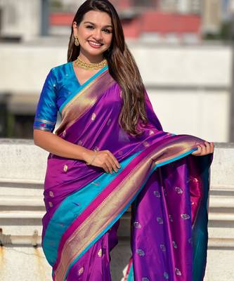 Voilet gold zari woven paithani silk blend saree 3