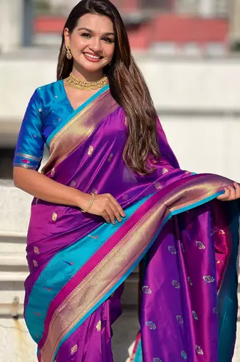 Voilet gold zari woven paithani silk blend saree