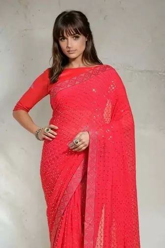 Pink sequins embroidered georgette saree