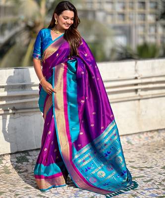 Voilet gold zari woven paithani silk blend saree 4