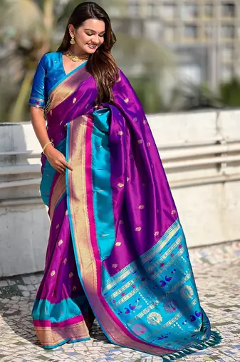 Voilet gold zari woven paithani silk blend saree