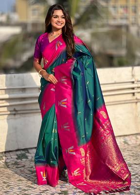 teal green balaji tilak woven soft silk blend saree 1