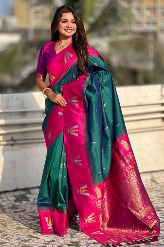 teal green balaji tilak woven soft silk blend saree