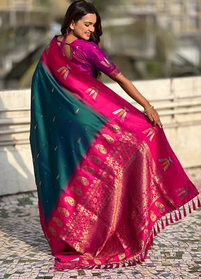 teal green balaji tilak woven soft silk blend saree 2