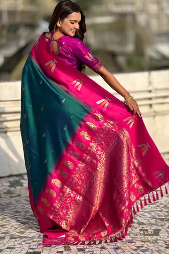 teal green balaji tilak woven soft silk blend saree