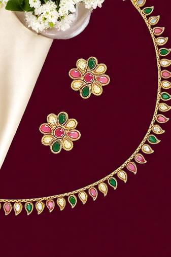 Gold plated multicolor polki studded necklace set