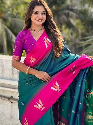 teal green balaji tilak woven soft silk blend saree 3