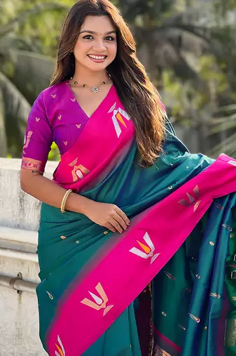 teal green balaji tilak woven soft silk blend saree